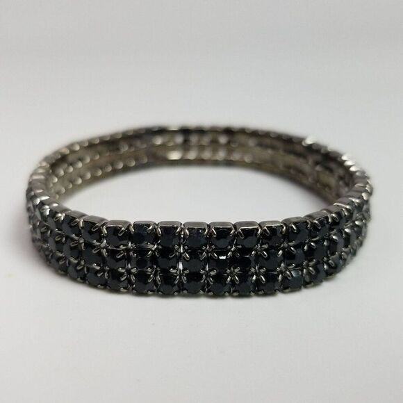Vintage Sparkly Black Rhinestone Three Row Stretch Bangle Bracelet, Estate - Picture 3 of 7